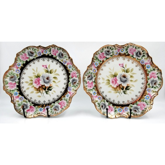 Two Ardalt Japan Hand Painted Floral Plates Pink White Roses Gold Trim 1950s - Picture 3 of 9